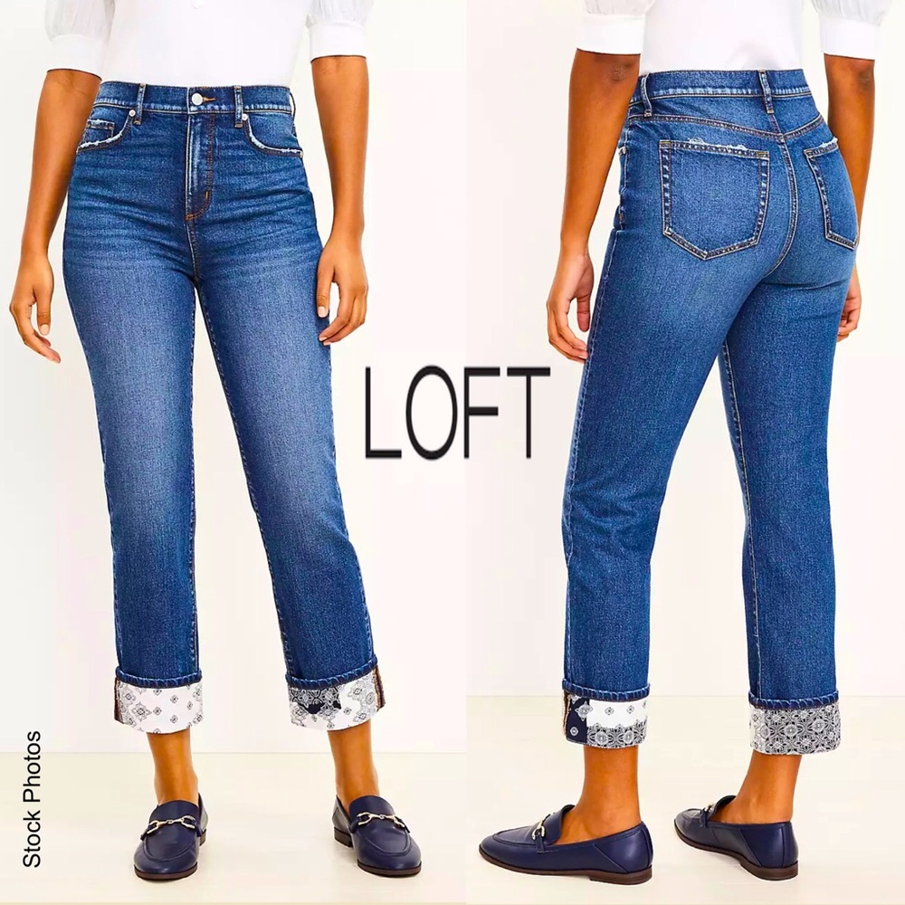LOFT Bandana Cuff High Rise Straight Crop Jeans (32/14) NWT